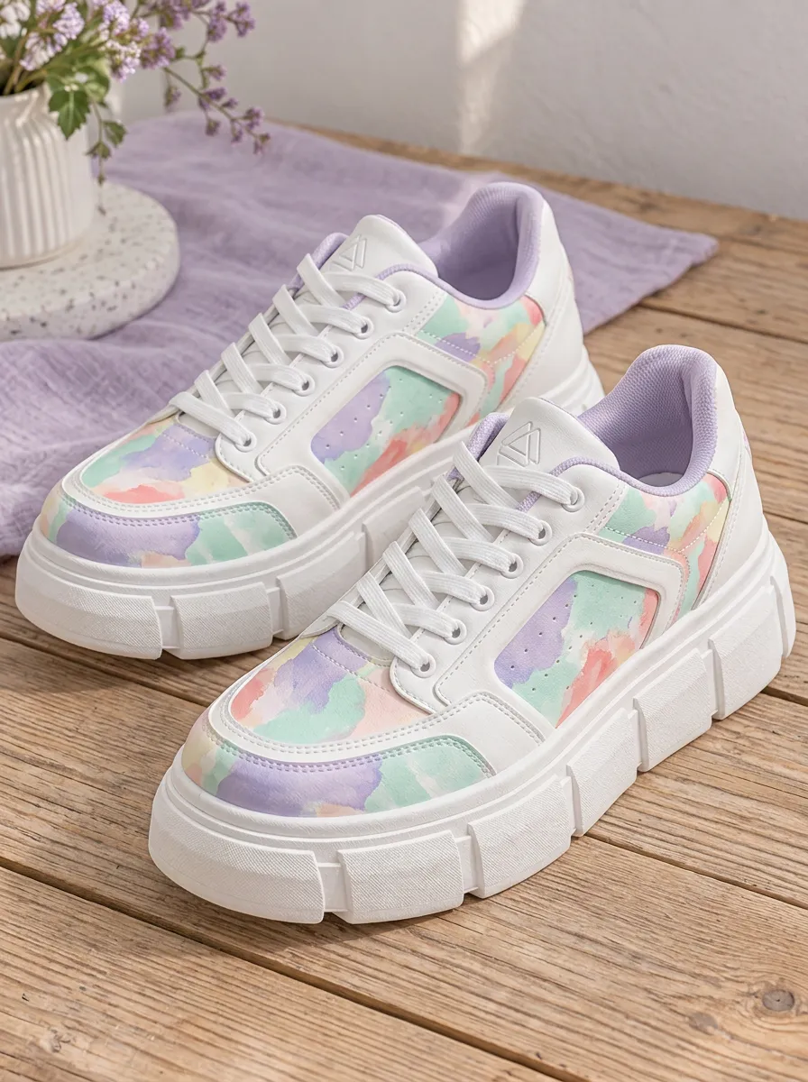 Women's Pastel Watercolor Pattern Printed Platform Sneakers