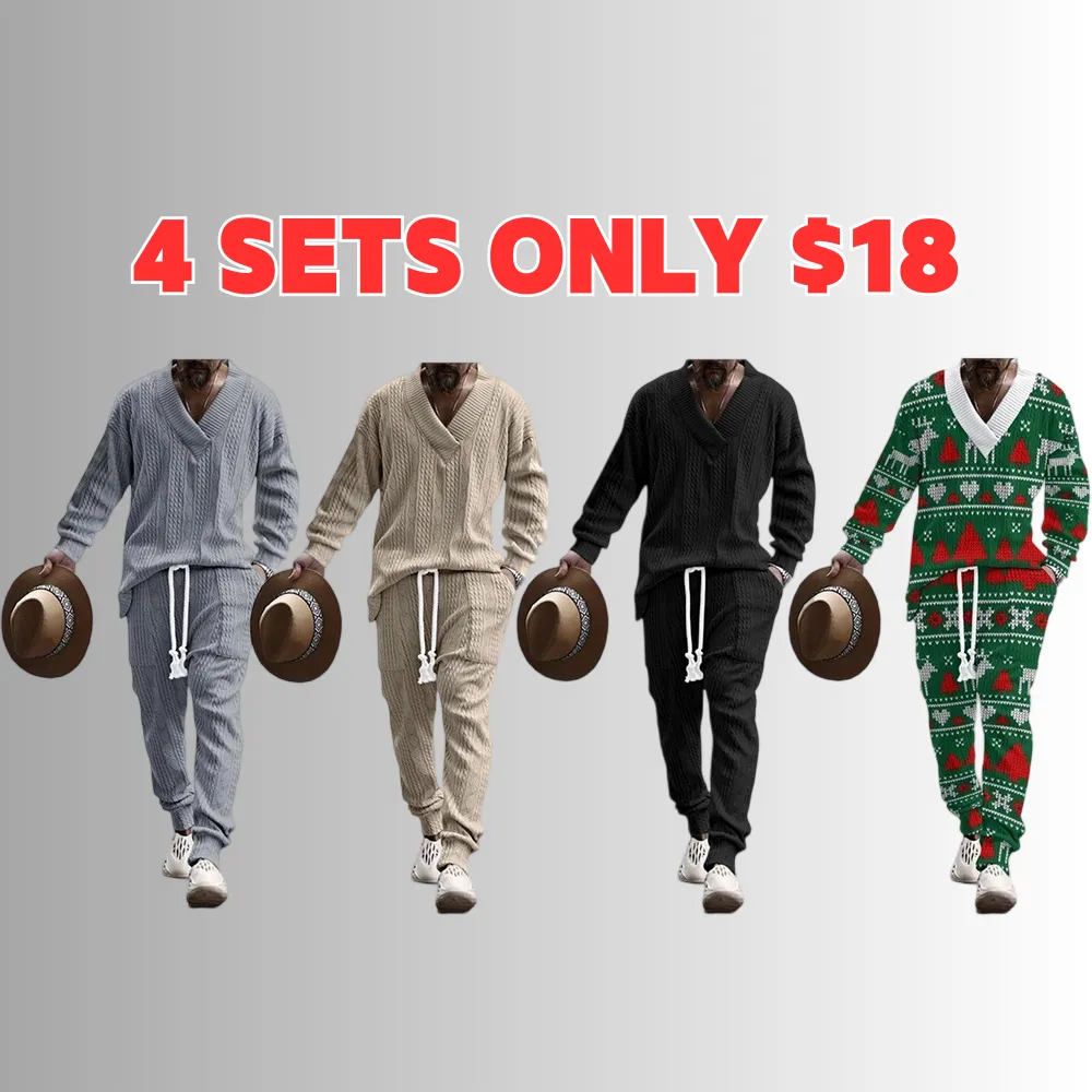 Men's Jacquard Drop Shoulder V Neck Top & Drawstring Waist Pants, Casual Fashion Pullover & Pocket Trousers for Daily Wear, Tracksuit Set, Tracksuits, Mens Jogger Sets, Sweat Suits Workout, Men's 2 Piece Set, Menswear, Clothes, Formal Wear, Sweat Set