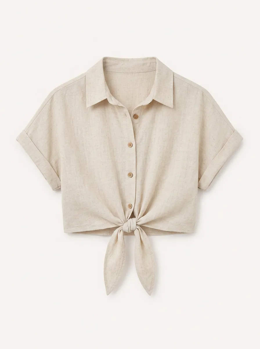 Women's Button Up Shirt Casual Beige Linen Blend Tie Front