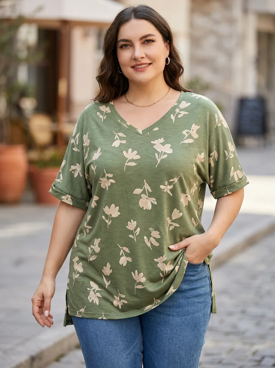 Women's Plus Size Floral Pattern Printed V-Neck Loose T-Shirt