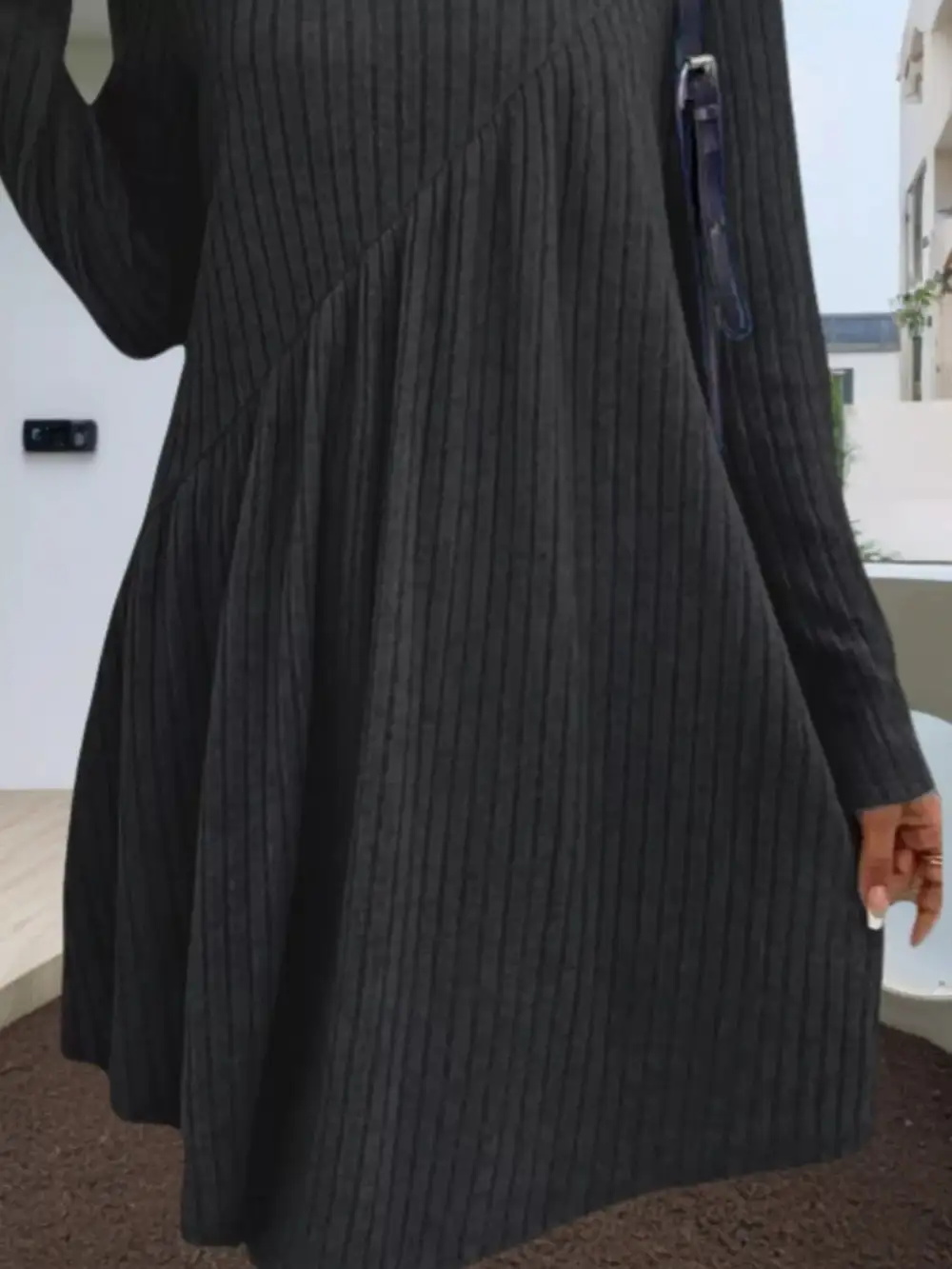 Layered Detail Ribbed Knit Long Sleeve Sweater Dress