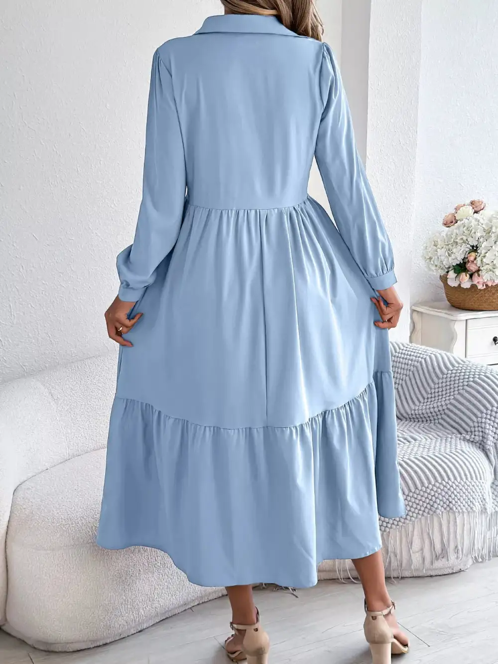 Button Front Tiered Long Sleeve Midi Dress