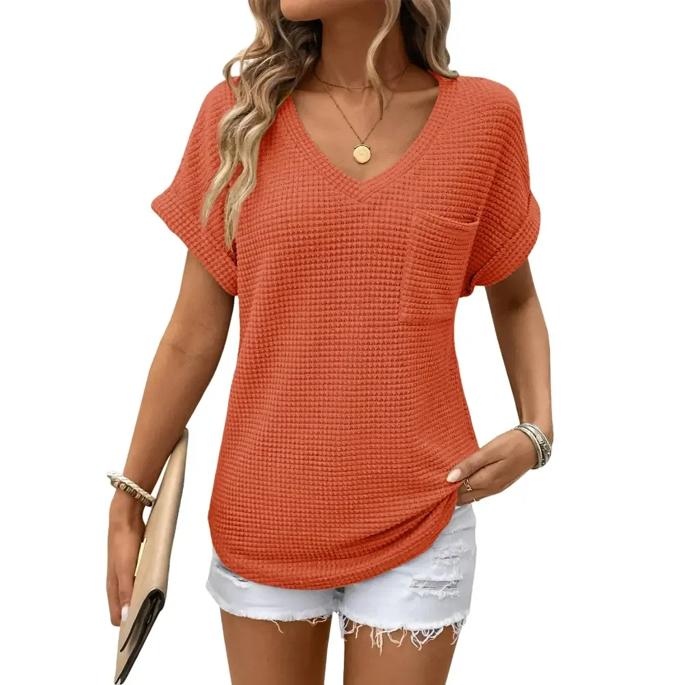 Women's Waffle Knit V-Neck Casual Summer Top
