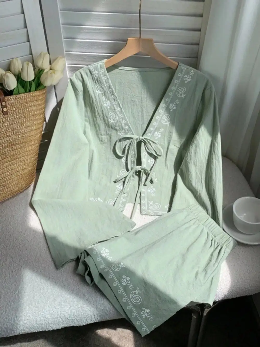 Embroidered Tie Front Top & Shorts Set
