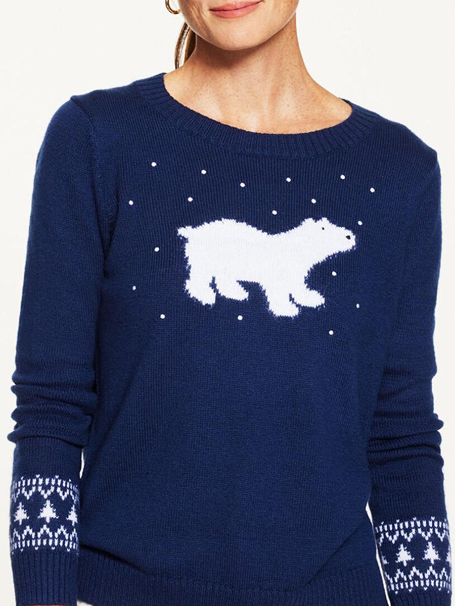 Lady'S Cute Polar Bear Pattern Crew Neck Knitted Sweater