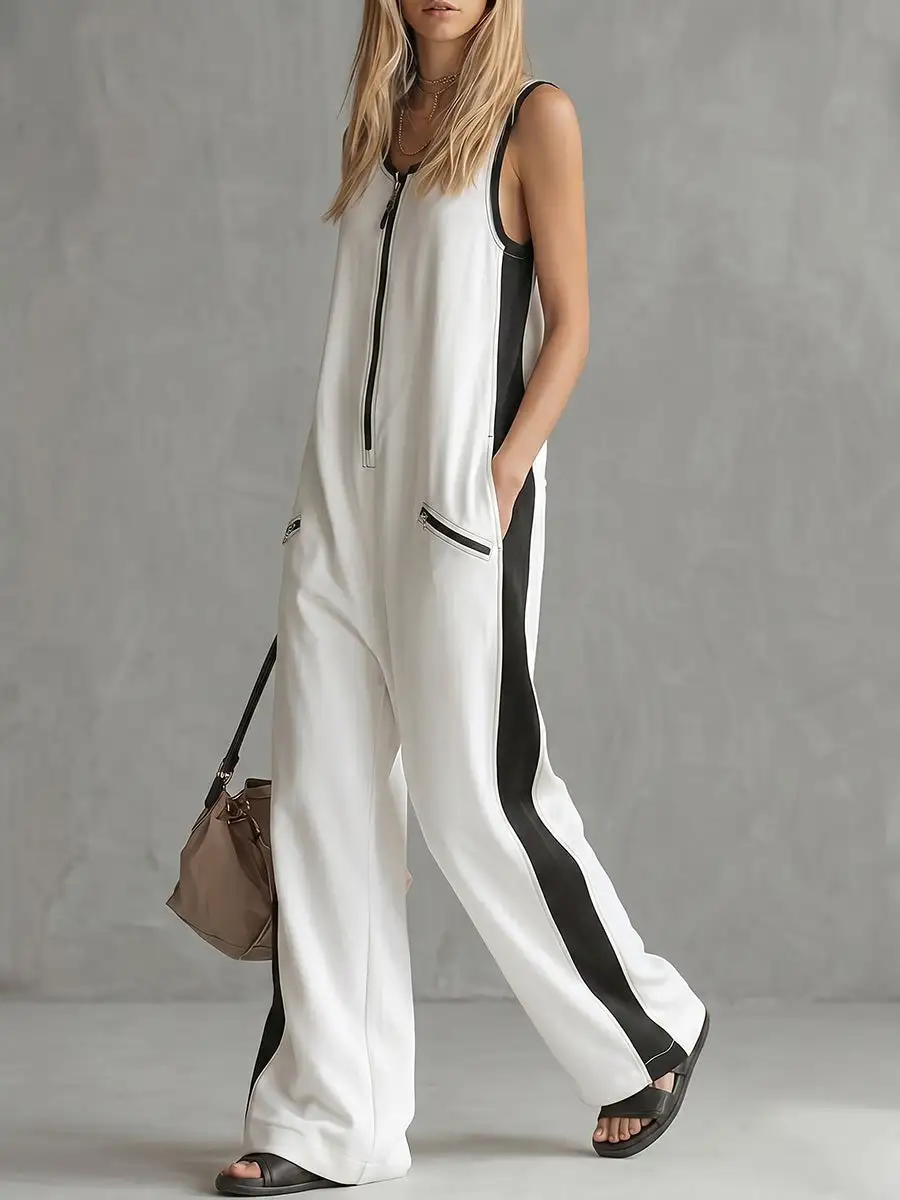 Losse Mouwloze Jumpsuits Met Contrasterende Kleuren Rits En