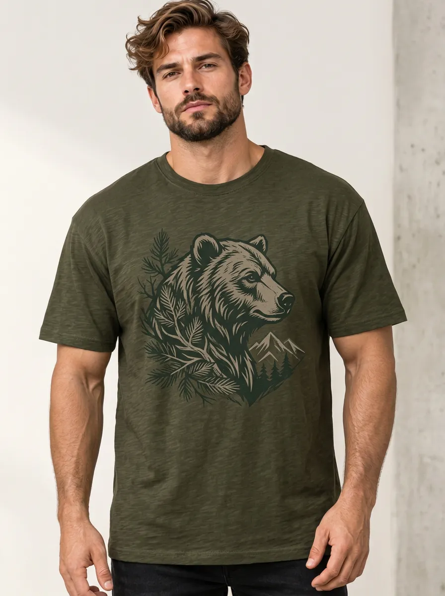 Men's Bear Crew-Neck Short-Sleeve Chest-Sleeve Forest Mountain T-Shirt