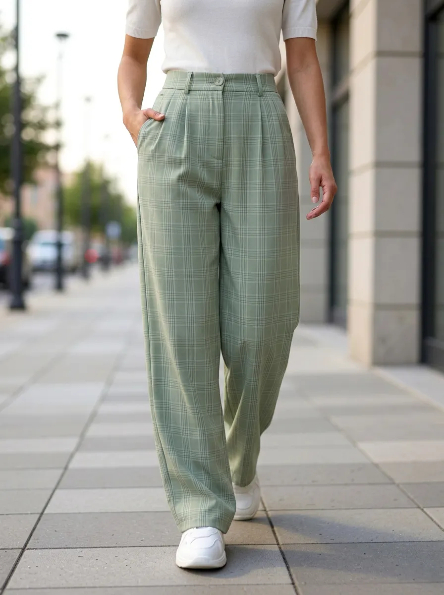 Women's Plaid Print Casual High-Rise Waist Belt Loops Pants