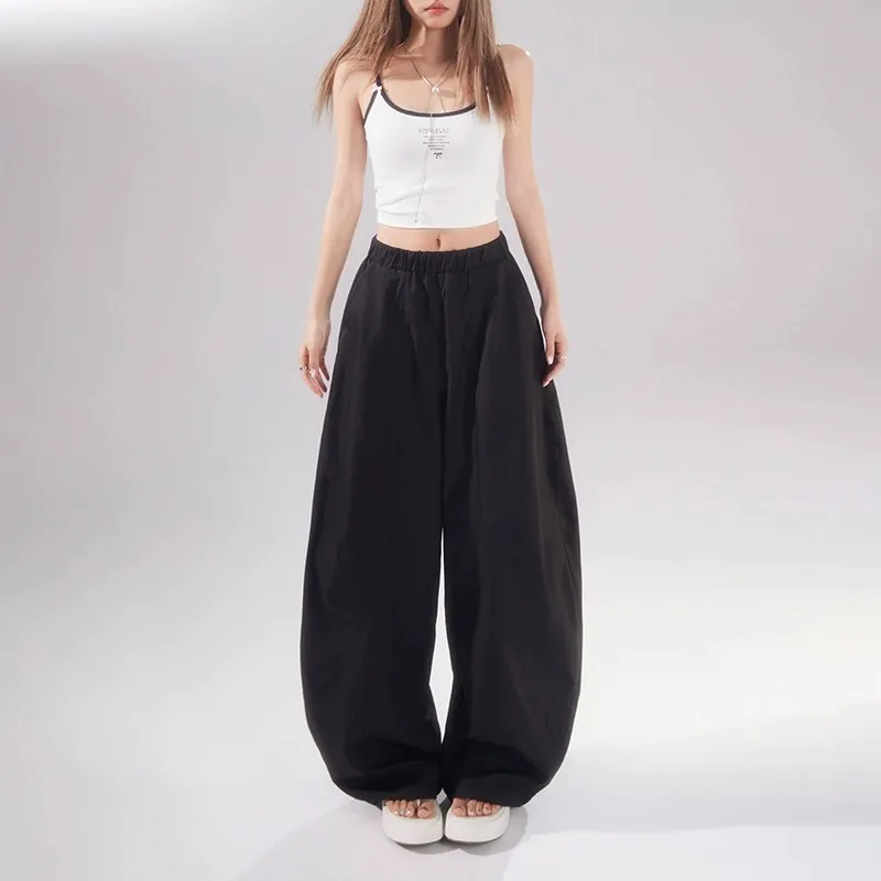 High Waist Elastic Waist Curved Leg Banana Leg Casual Pants