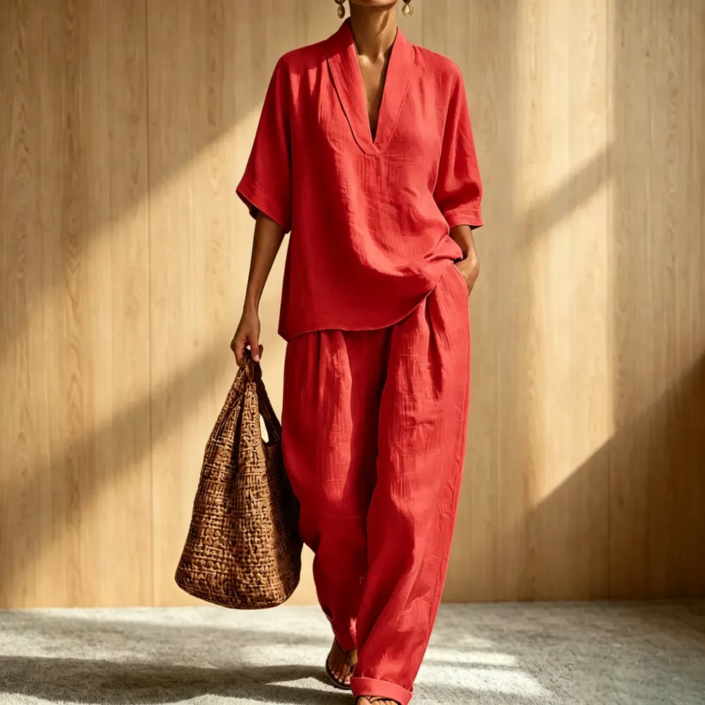 2026 New Relaxed Henley Top and Wide-Leg Pants Co-Ord Set