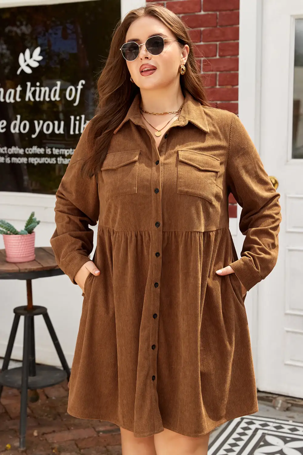 Corduroy Button Front Collared Dress Casual