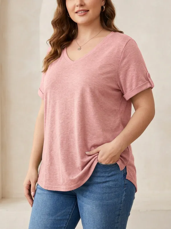 Women's Plus Size Olive Green Rolled Sleeve V-Neck T-Shirt