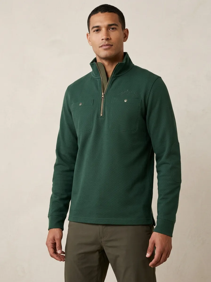 Refined Mountain Graphic Embroidered Hiking-Inspired Design Men's Half Zip Long Sleeve Pullover
