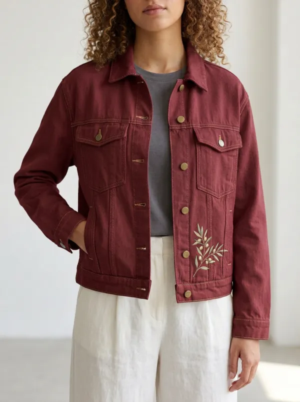 Women's Olive Branch Botanical Printed Denim Jacket
