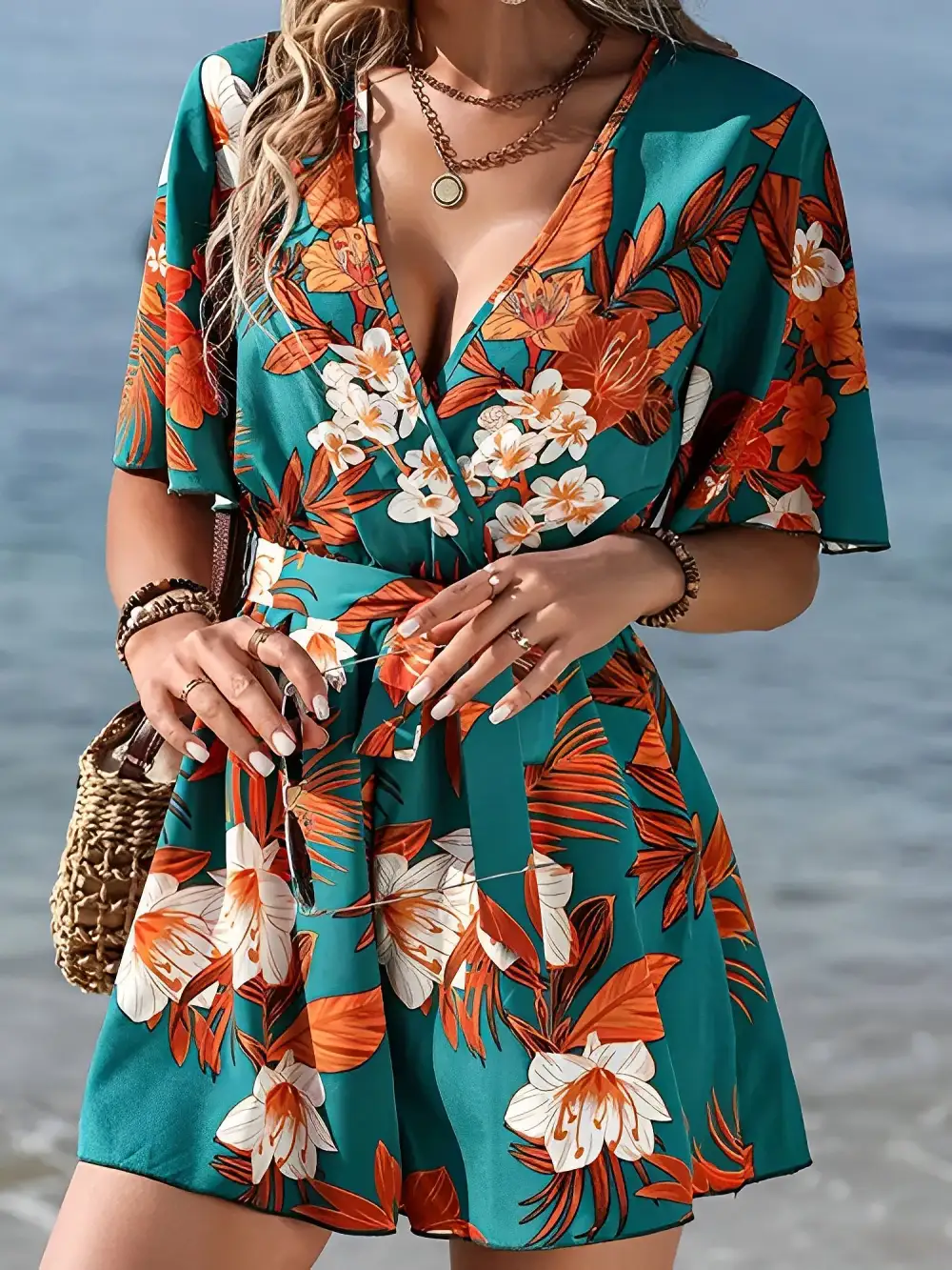 Floral Short-Sleeve V-Neck Tie-Waist Beach Romper