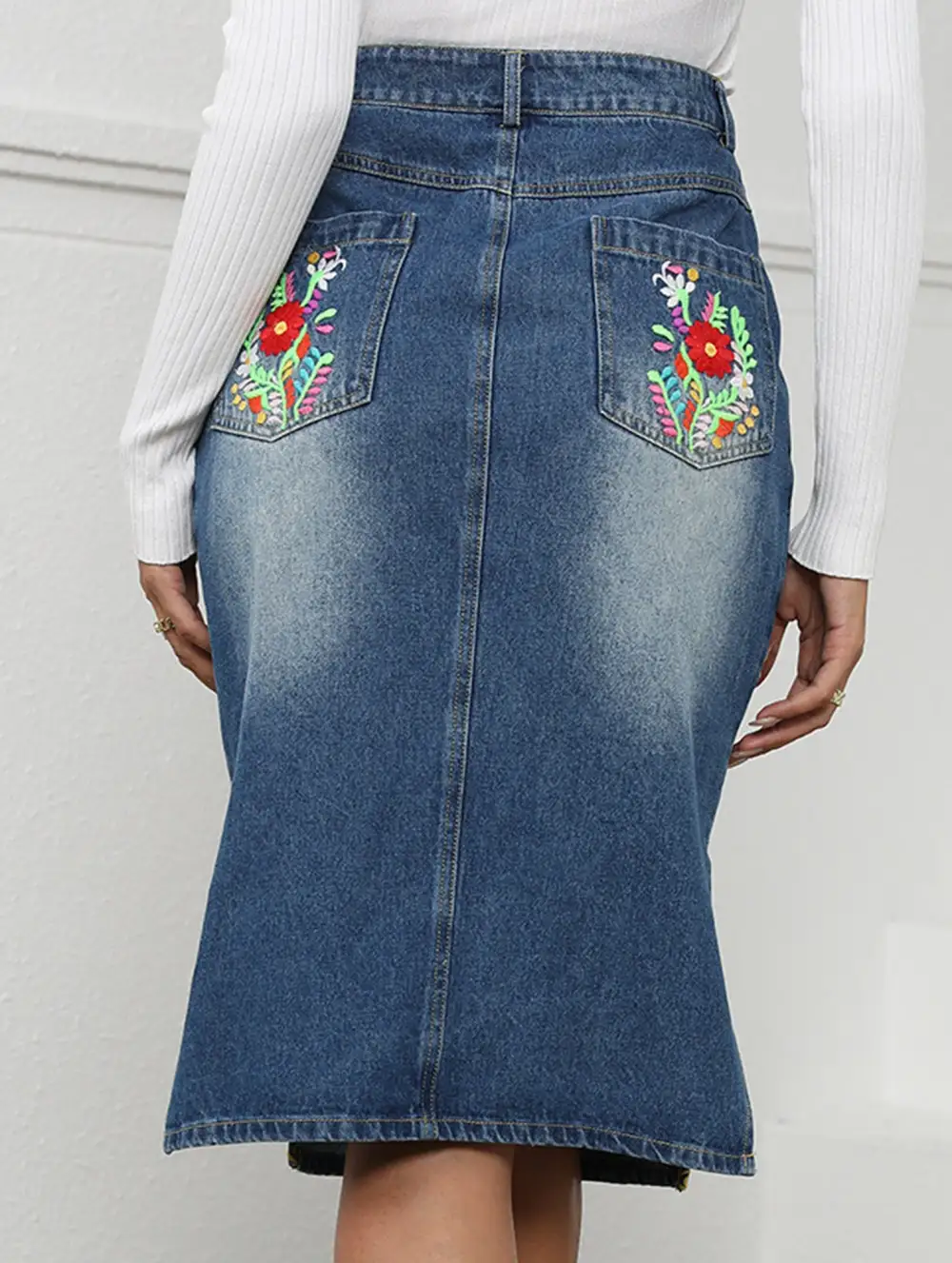 Denim Embroidered Midi Skirt