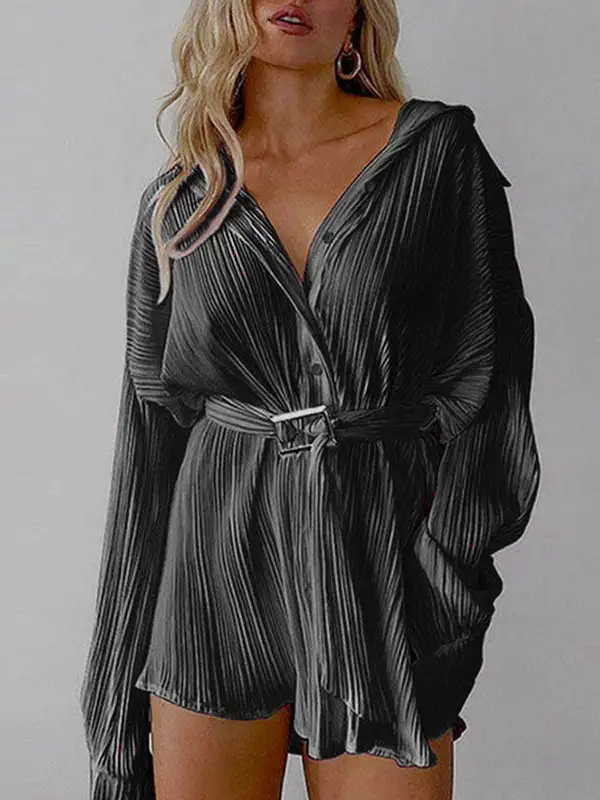 Long Sleeve Buttoned Pleated Solid Color Tied Waist Lapel Mini Dress