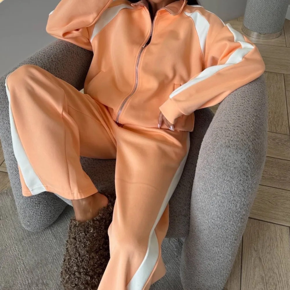 Zip-Front Long-Sleeve Checked Women's Matching Set