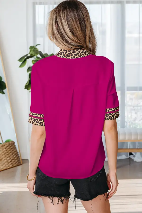 Leopard Print Patchwork Short Sleeve Blouse