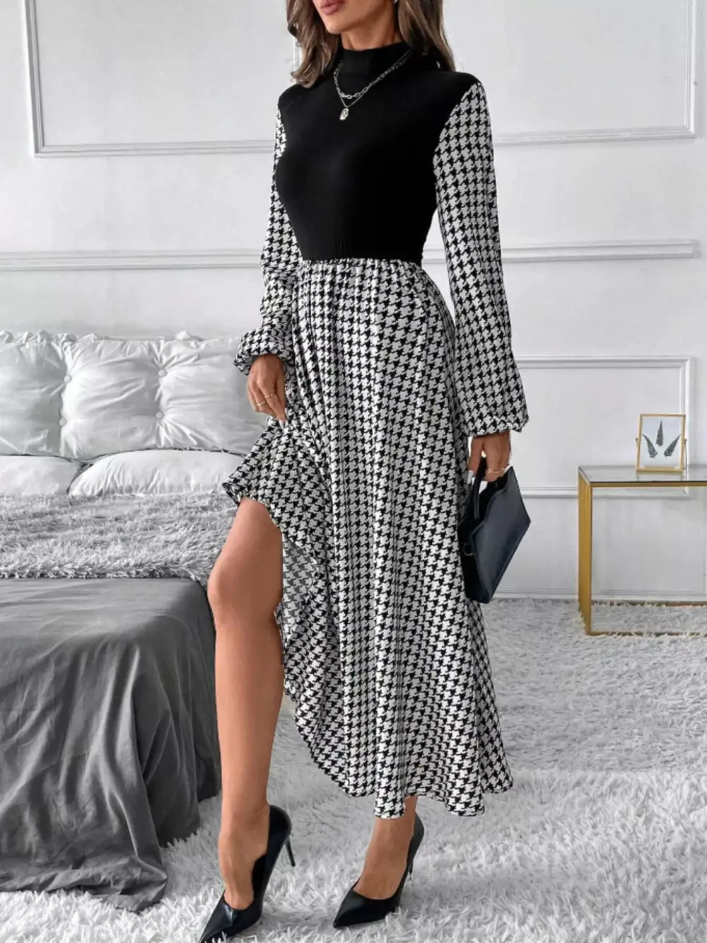 Houndstooth Mock Neck Dress Casual