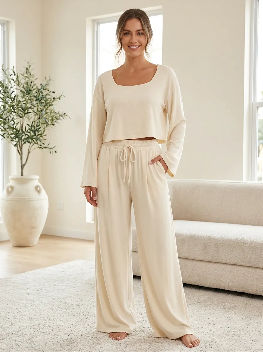 Women's Ribbed Casual Leisure Wide Leg Homewear Set