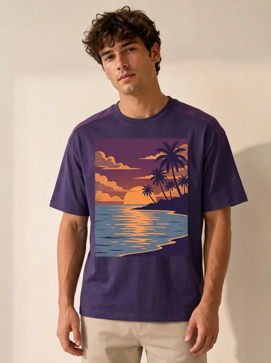 Men's Graphic Print Crewneck T-Shirt with Graphic print featuring a sunset, ocean, and palm tree motif on the center chest