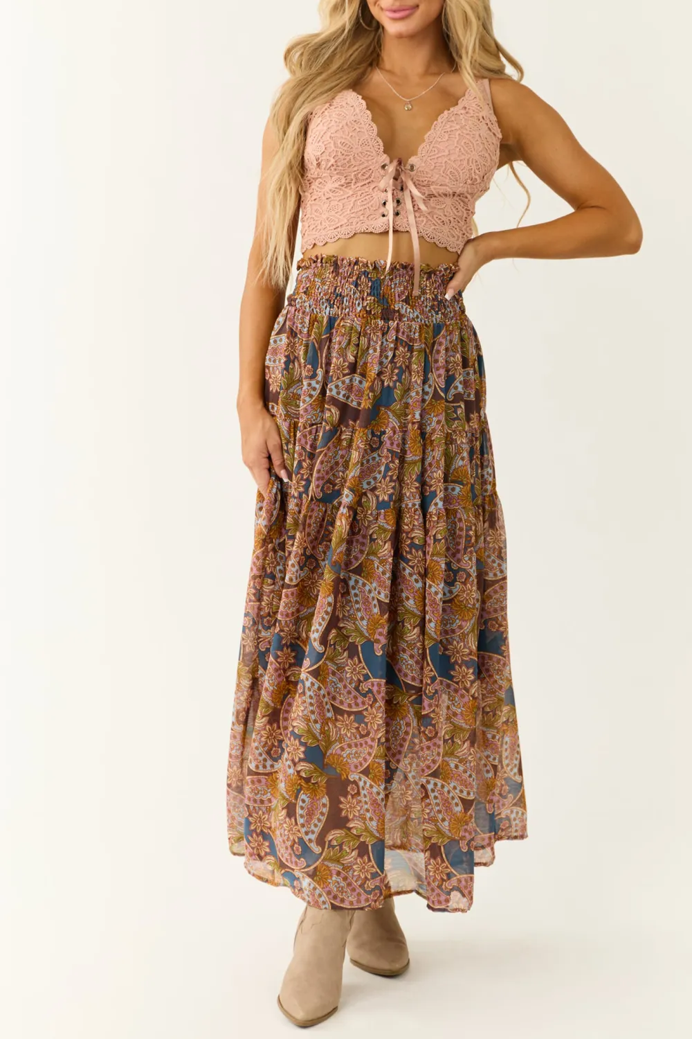 Peach Lace Up V Neck Top