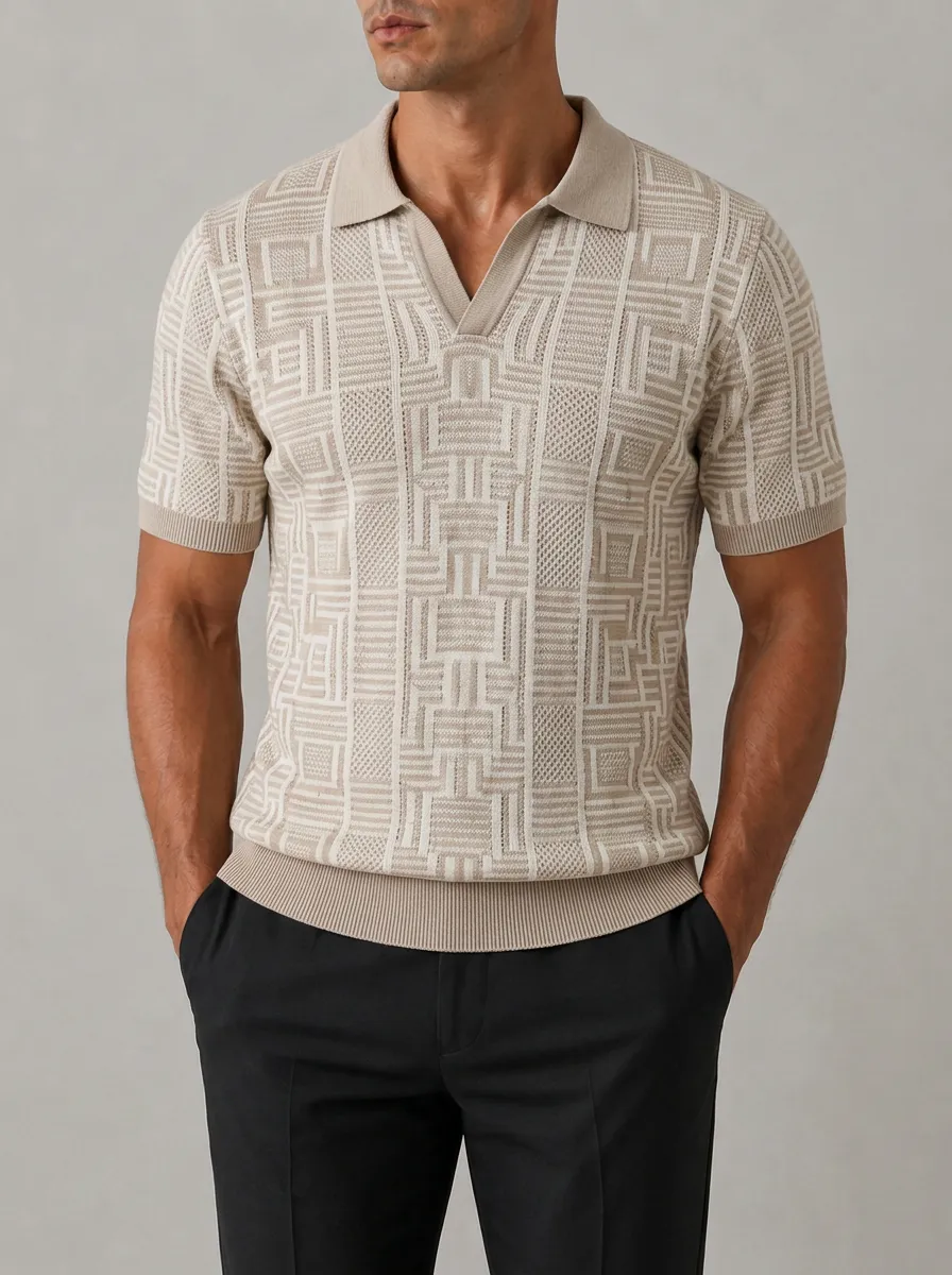 Men's Geometric Pattern Knit Polo Shirt with Jacquard Texture