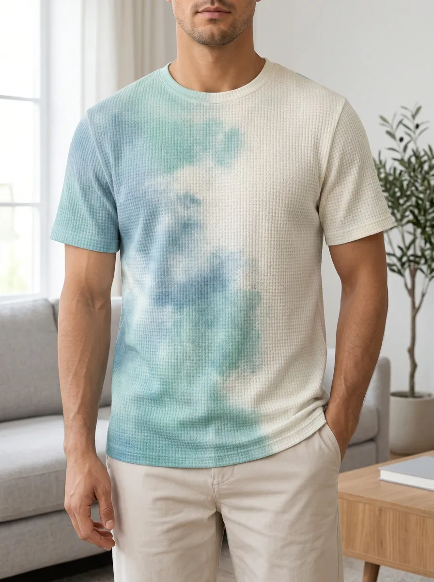 Men's Tie-dye Waffle Knit Scenic Crew Neck T-Shirt
