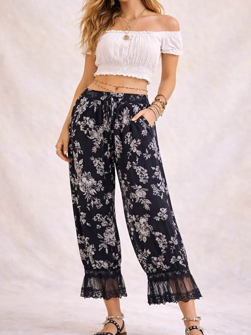 Lace Hem Flocked Elastic Waist Lantern Pants