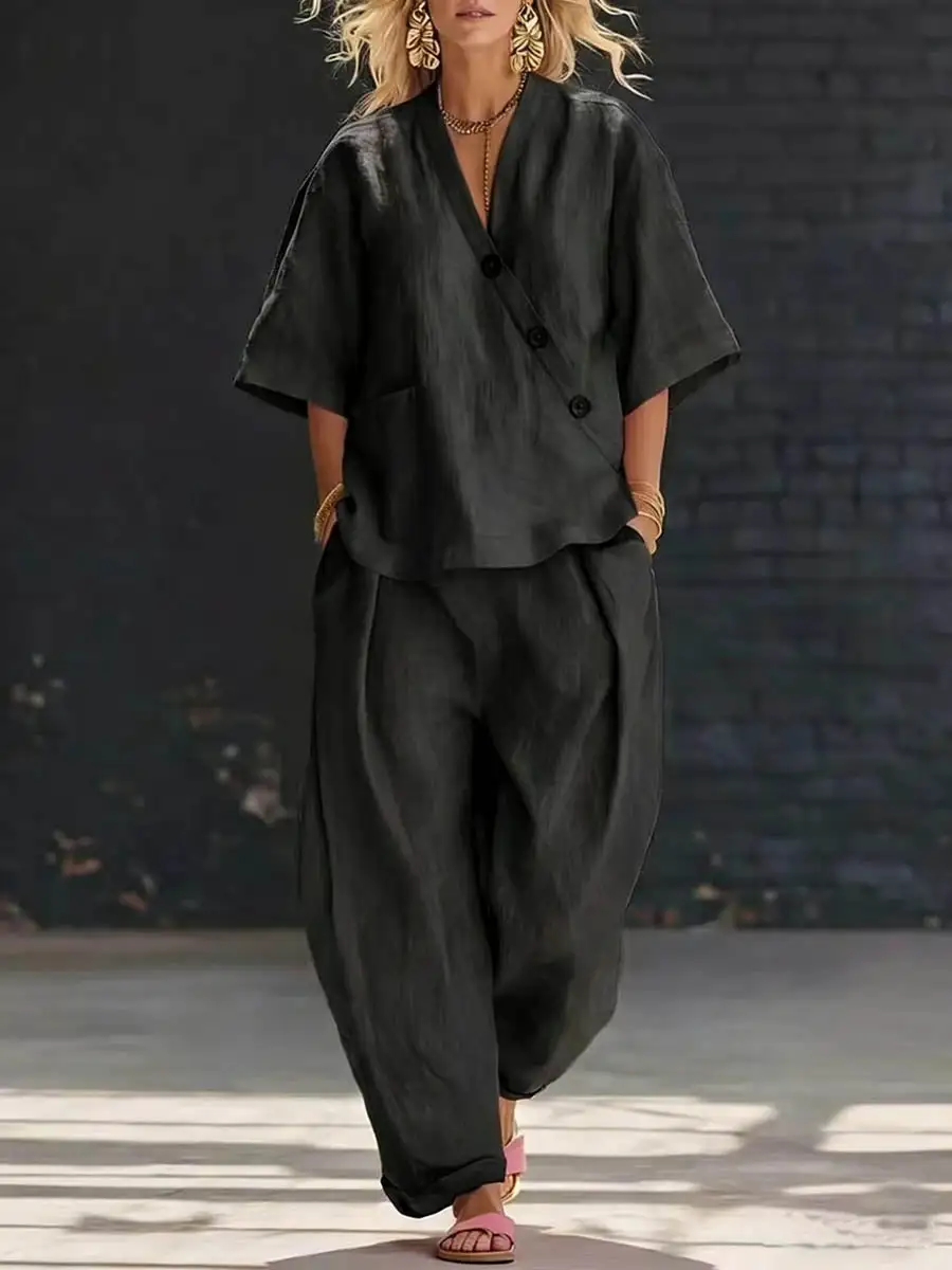 Relaxed V Neck Blouse And Pants Set