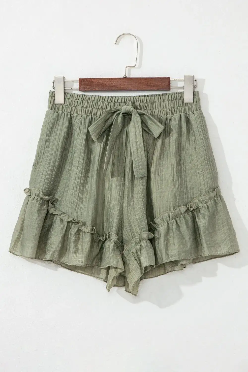 Textured Tie Waist Ruffle Hem Shorts