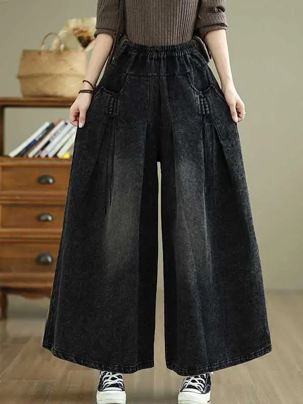 High Waist Relaxed Fit Wide Leg Pleated Elastic Waist Pocket Jeans