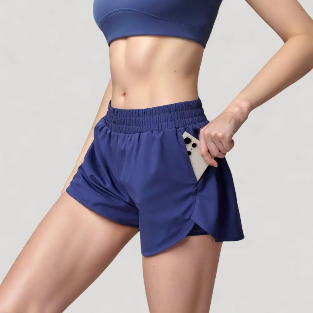 High-Waist Elastic-Waist Built-In-Liner Side-Pocket Running Shorts