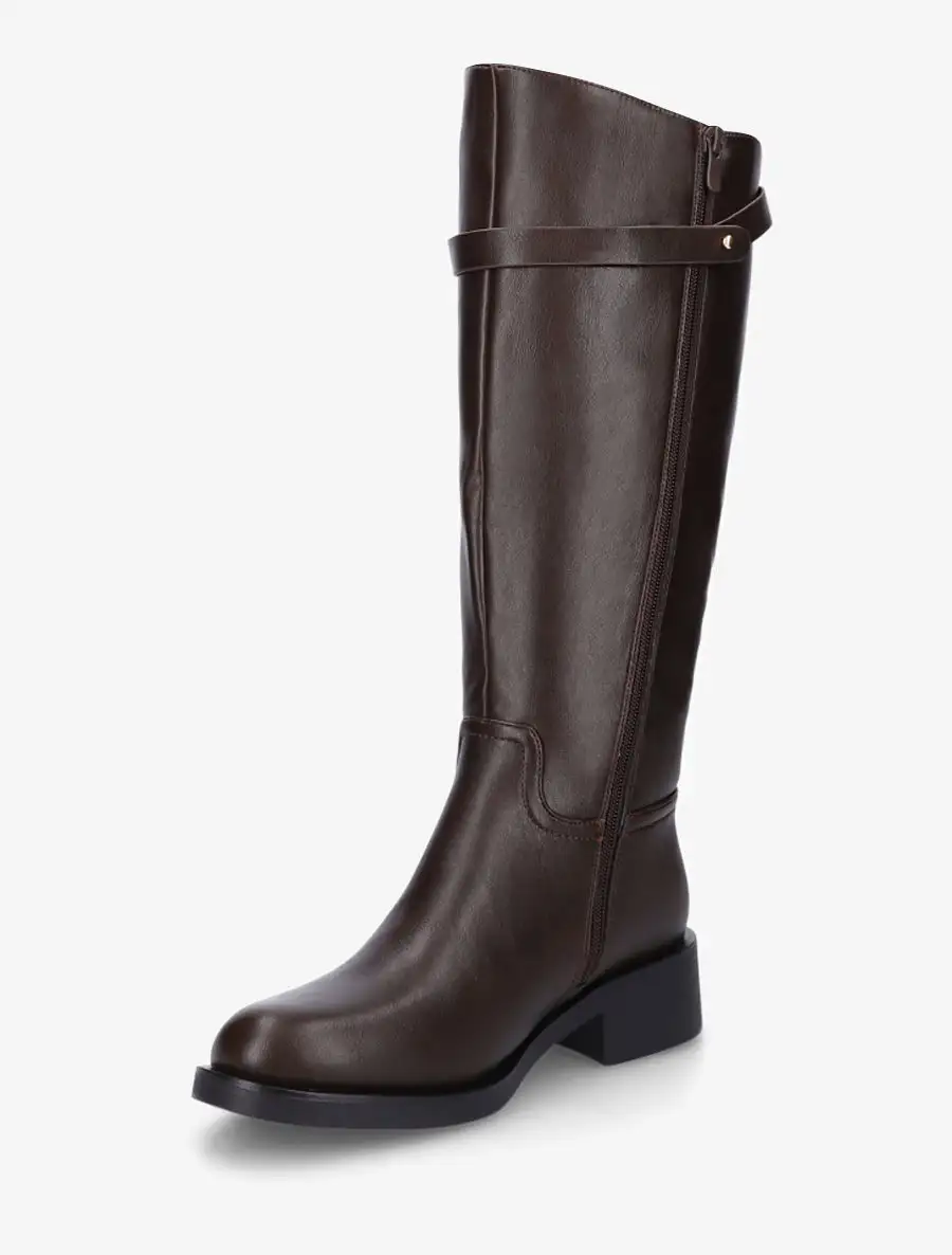 Classic Utility Block Heel Faux Leather Knee High Boots