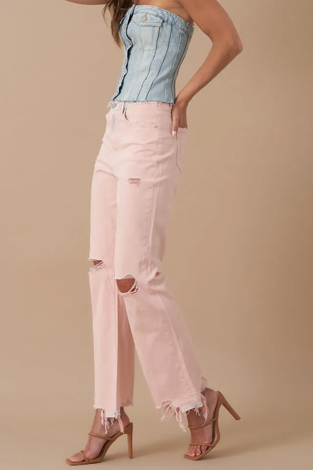 Women's Five Pocket High Rise Destroyed Distressed Cropped Flare Rigid Denim Jeans