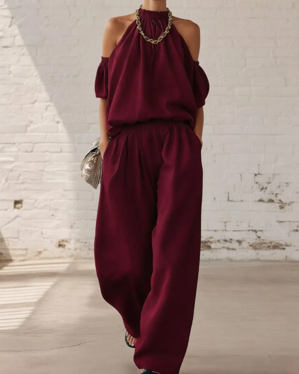 Folds and Halter Closure Casual Wide Leg Pants Set