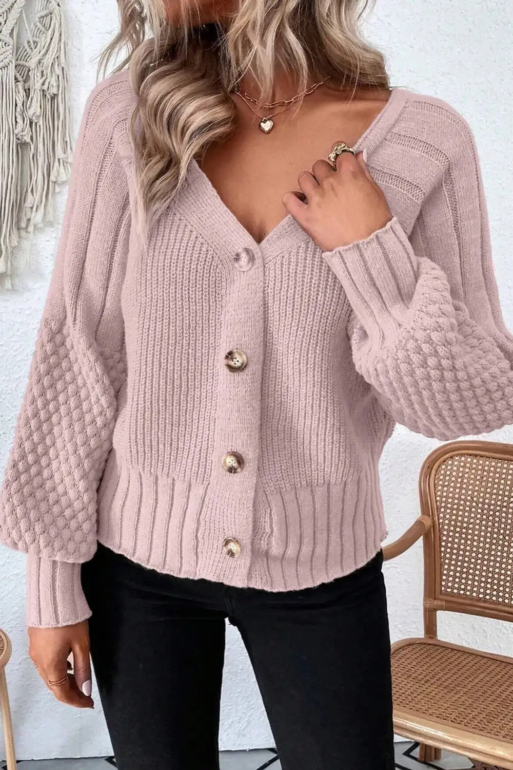 Mixed Texture Knit Button V Neck Cardigan