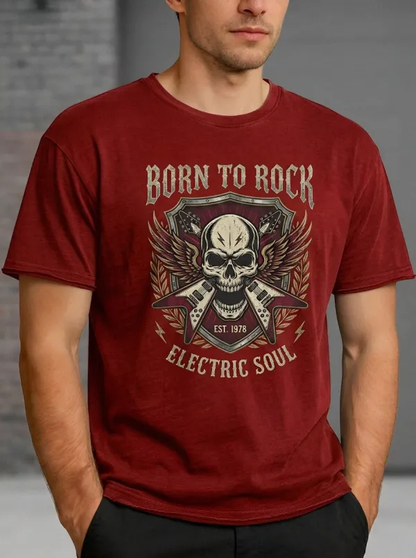 Men's Rock Music Lover Skull Electric Guitar Printed T-shirt