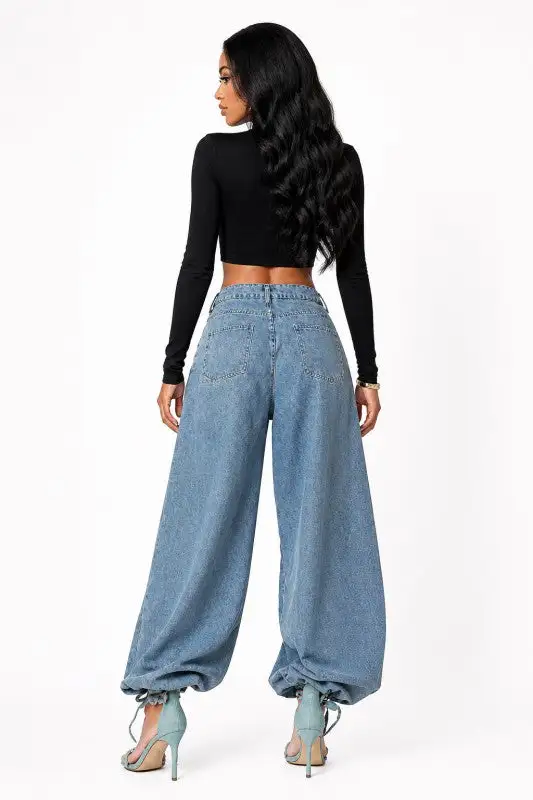 Washed Up Drawstring Ankle Jeans Dk Denim