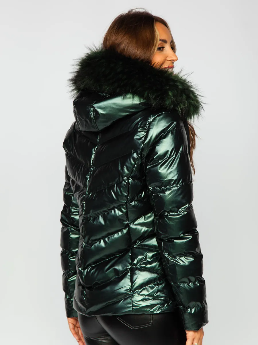 women's green quilted winter jacket with hood