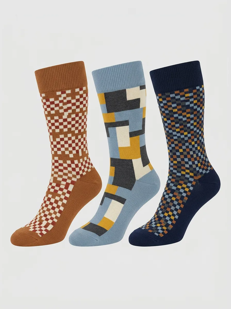 Men's Geometric Checkered Pattern Print 3-Pack Socks