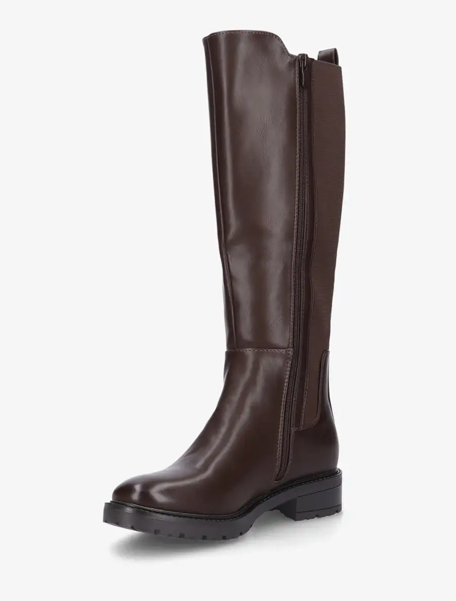 Everyday Stretch Panel Lug Sole Block Heel Faux Leather Knee High Boots