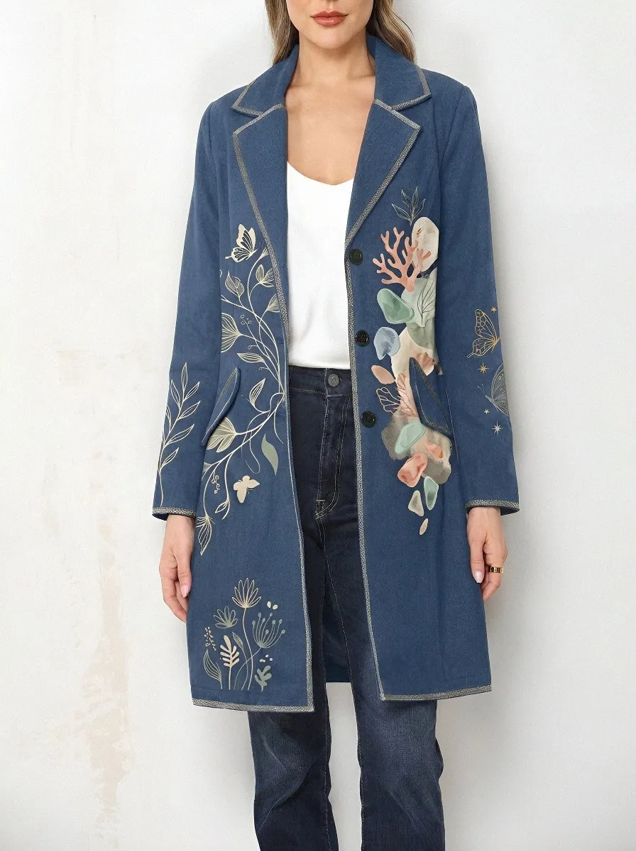 Women's Botanical Butterfly Coral Printed Long Coat