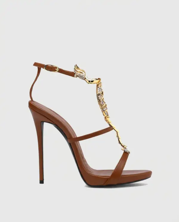Rhinestone Scorpion Strap Sandals in Brown