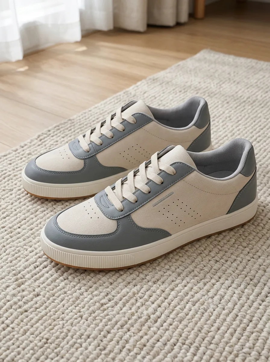 Women's Casual Two-Tone Grey Beige Perforated Lace-up Sneakers
