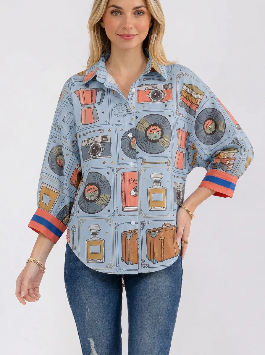 Women's Vintage Hobby Lover Camera Vinyl Book Printed Shirt