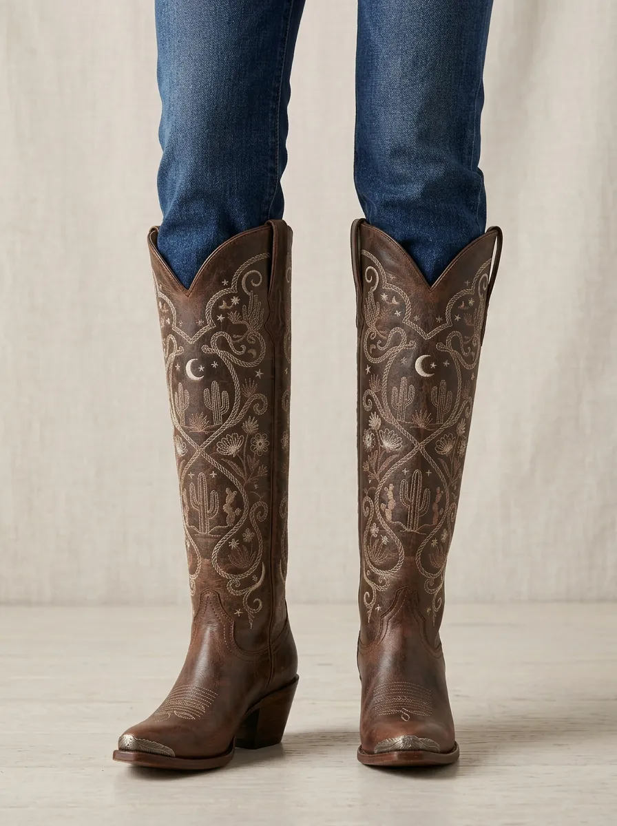 Women's Western Cactus Moon Wing Embroidered Pointed-Toe Block-Heel Denim Over-the-Knee Boots