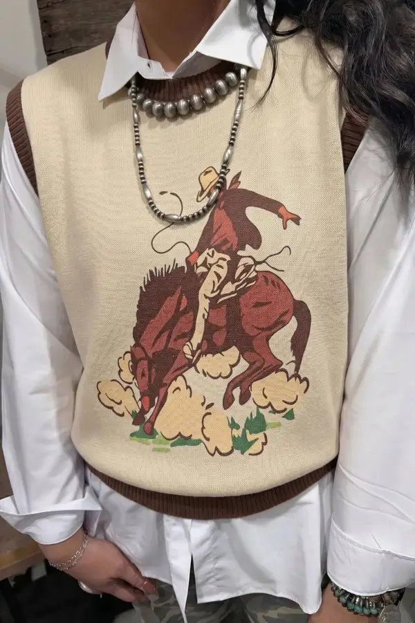 Western Print Colorblock Trim Sweater Vest