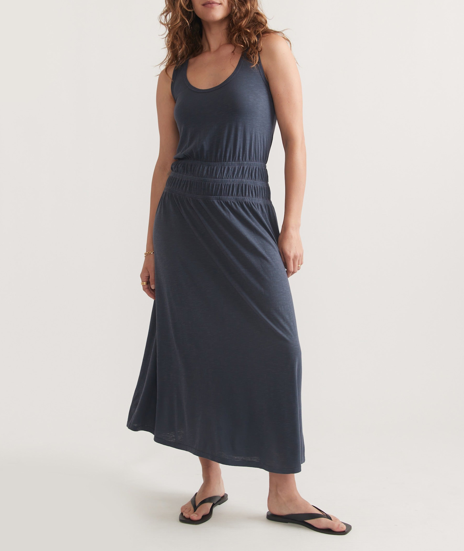 Navy Slub Fabric Midi Dress